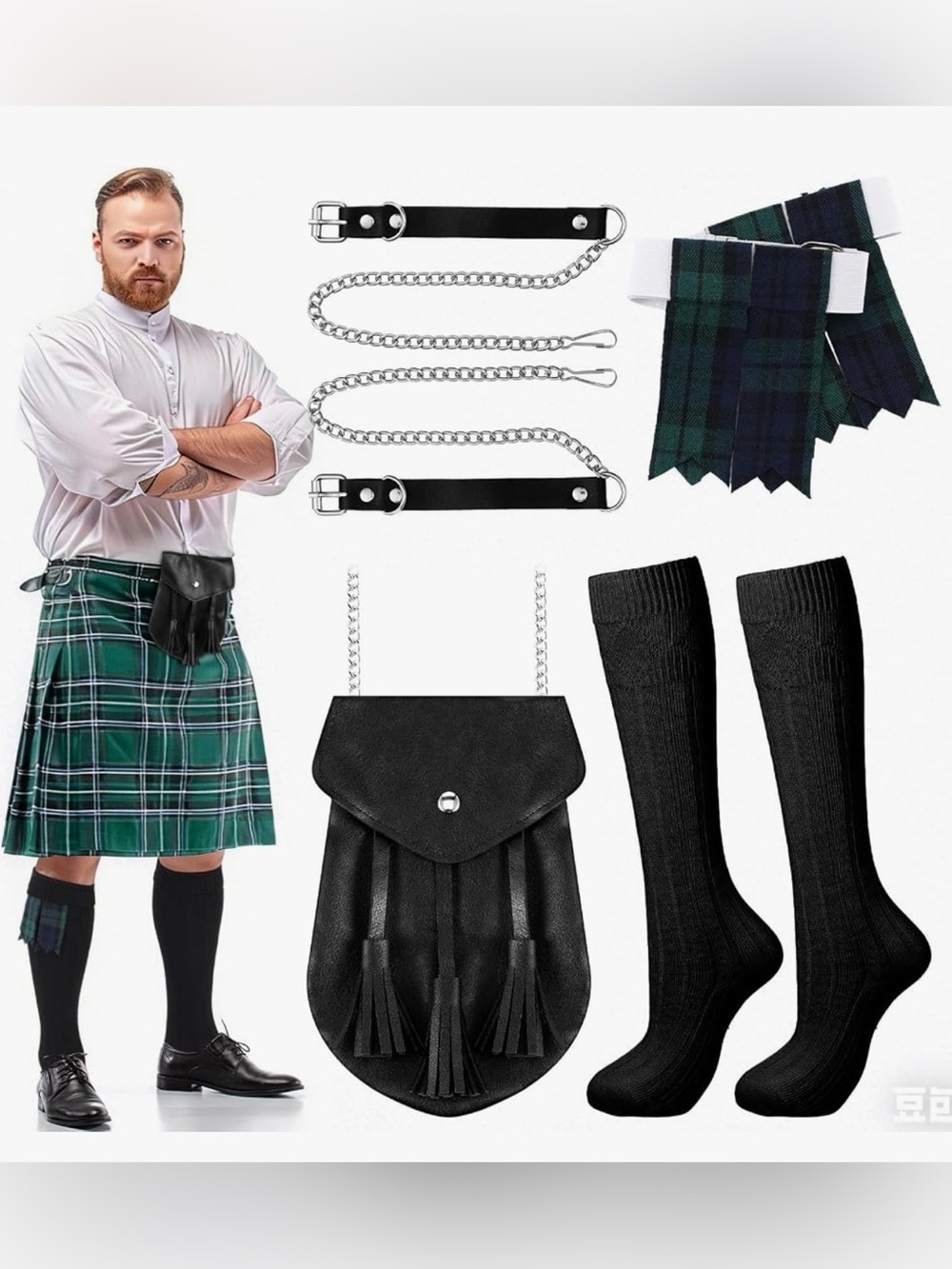3 Pc Men’s Scottish Kilt Accessories Socks Sporran Flashes Does Not Include Kilt